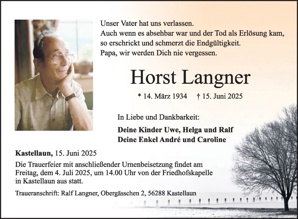  Traueranzeige für Horst Langner vom 28.06.2025 aus WochenSpiegel