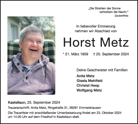 Traueranzeige von Horst Metz von WochenSpiegel