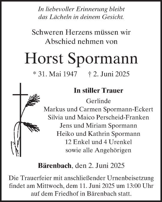 Traueranzeige von Horst Spormann von WochenSpiegel
