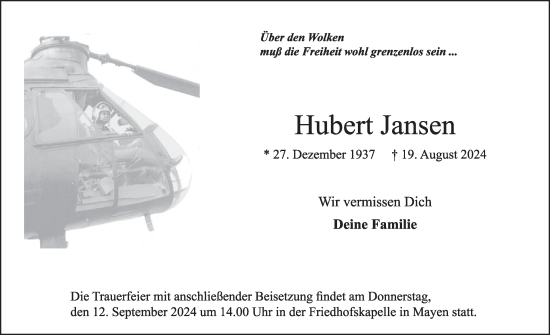 Traueranzeige von Hubert Jansen von WochenSpiegel