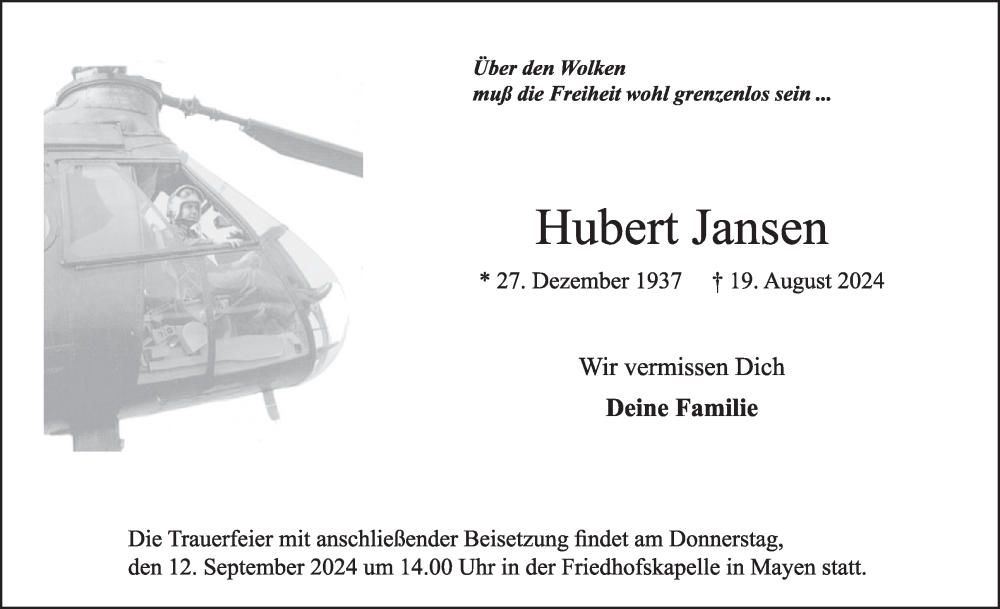  Traueranzeige für Hubert Jansen vom 28.08.2024 aus WochenSpiegel