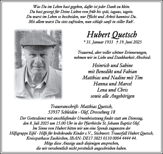 Traueranzeige von Hubert Quetsch von WochenSpiegel