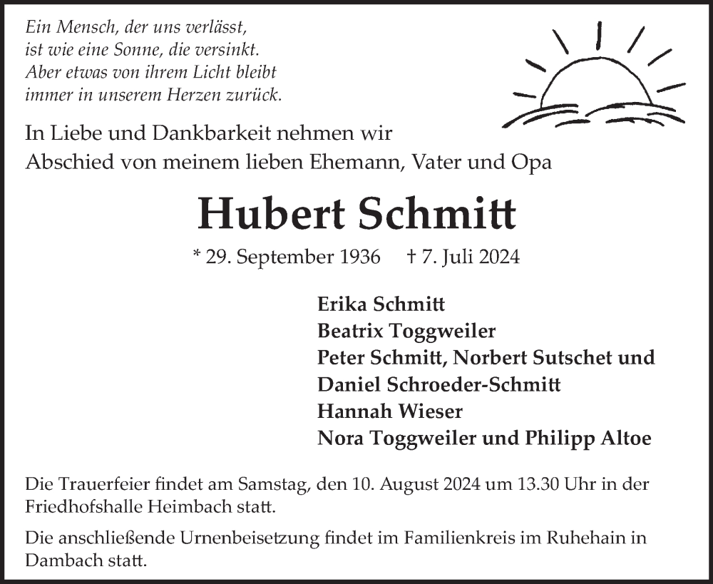  Traueranzeige für Hubert Schmitt vom 03.08.2024 aus WochenSpiegel