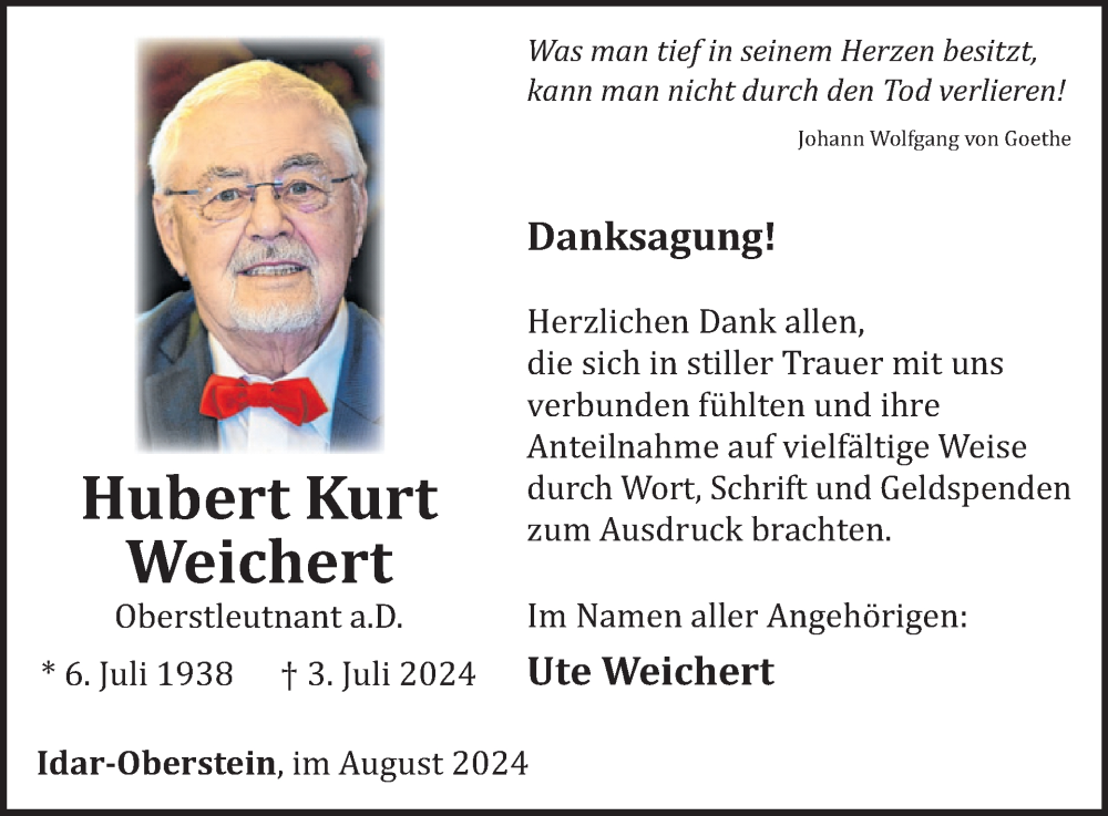  Traueranzeige für Hubert Kurt Kurt vom 17.08.2024 aus WochenSpiegel