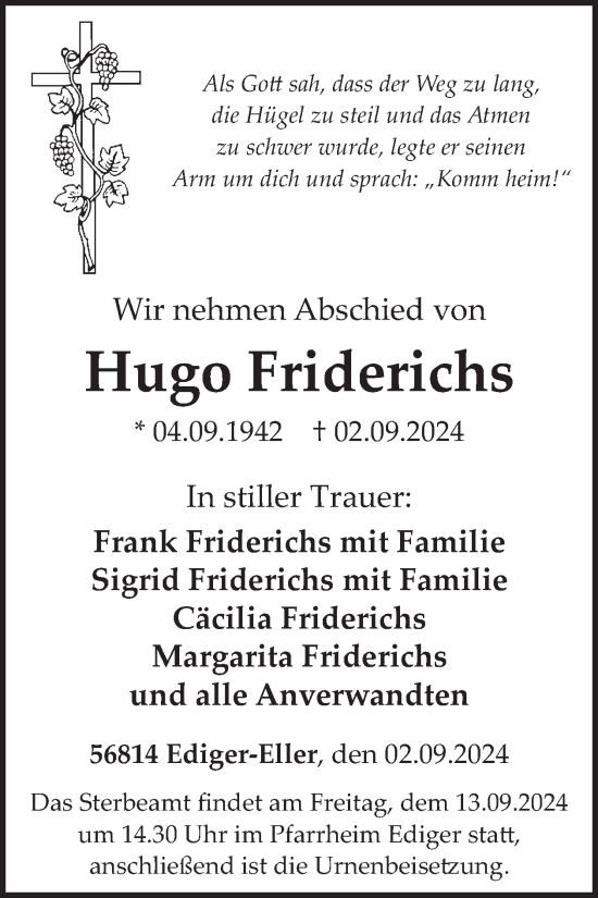 Traueranzeige von Hugo Friderichs von WochenSpiegel