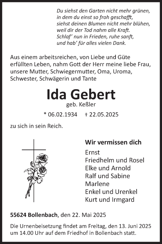 Traueranzeige von Ida Gebert von WochenSpiegel