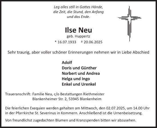 Traueranzeige von Ilse Neu von WochenSpiegel