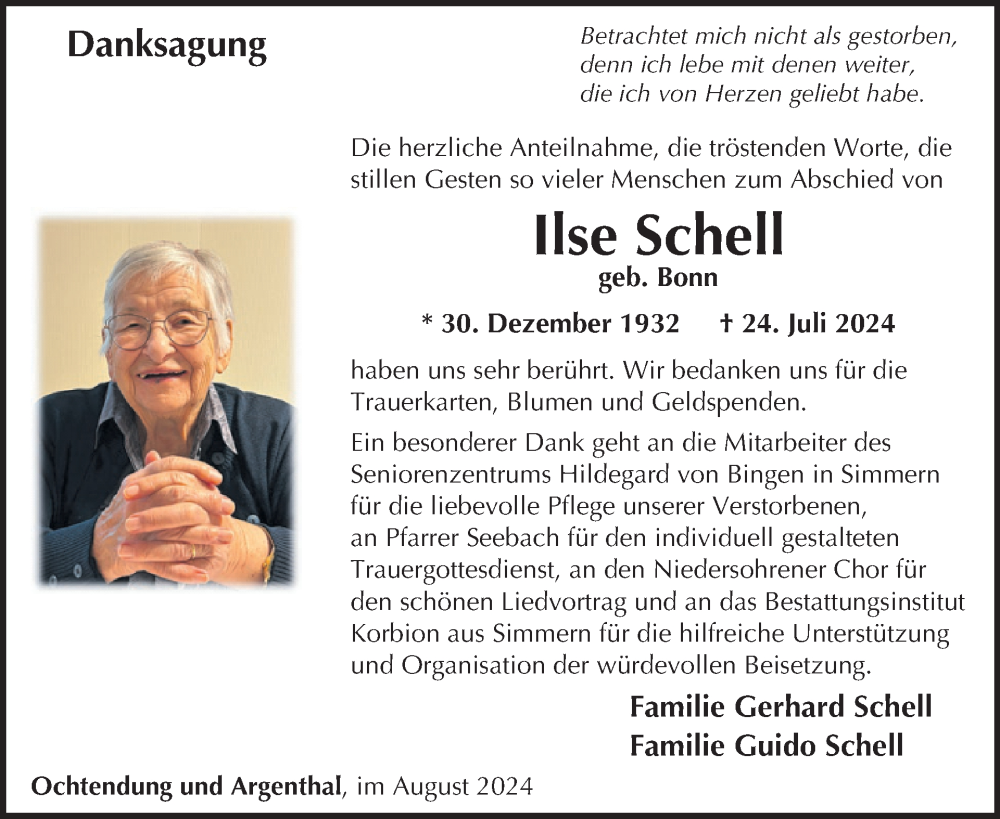  Traueranzeige für Ilse Schell vom 31.08.2024 aus WochenSpiegel