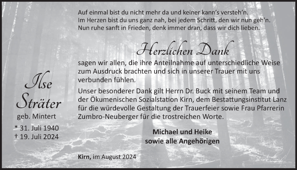  Traueranzeige für Ilse Sträter vom 17.08.2024 aus WochenSpiegel
