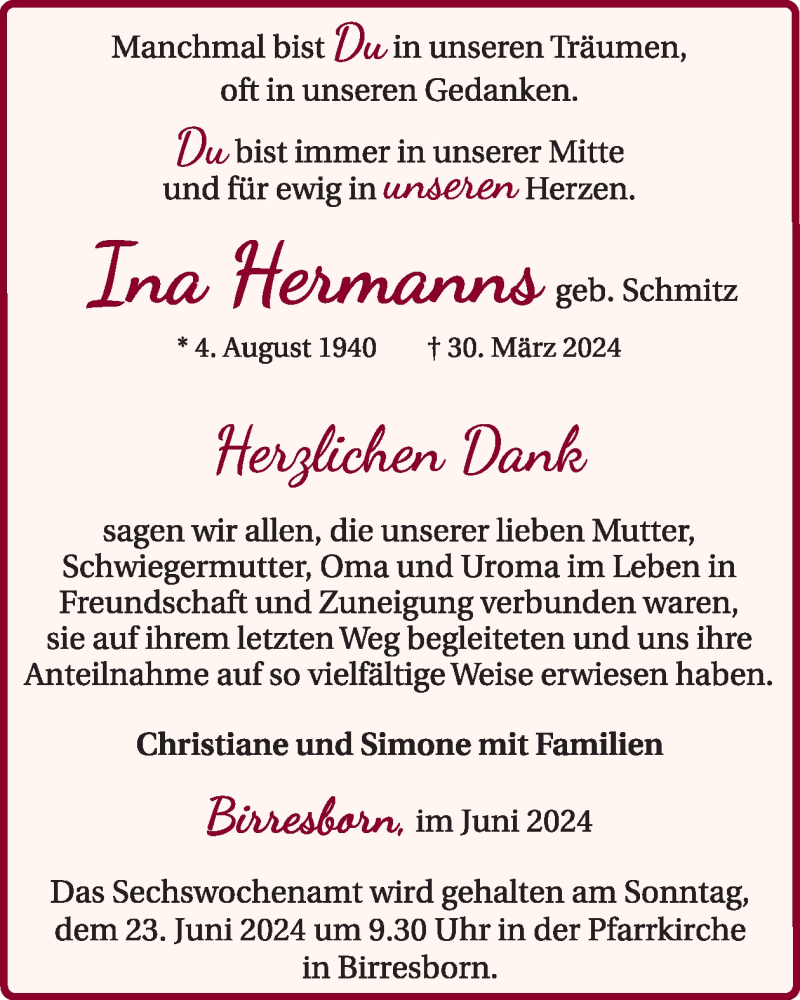  Traueranzeige für Ina Hermanns vom 15.06.2024 aus WochenSpiegel