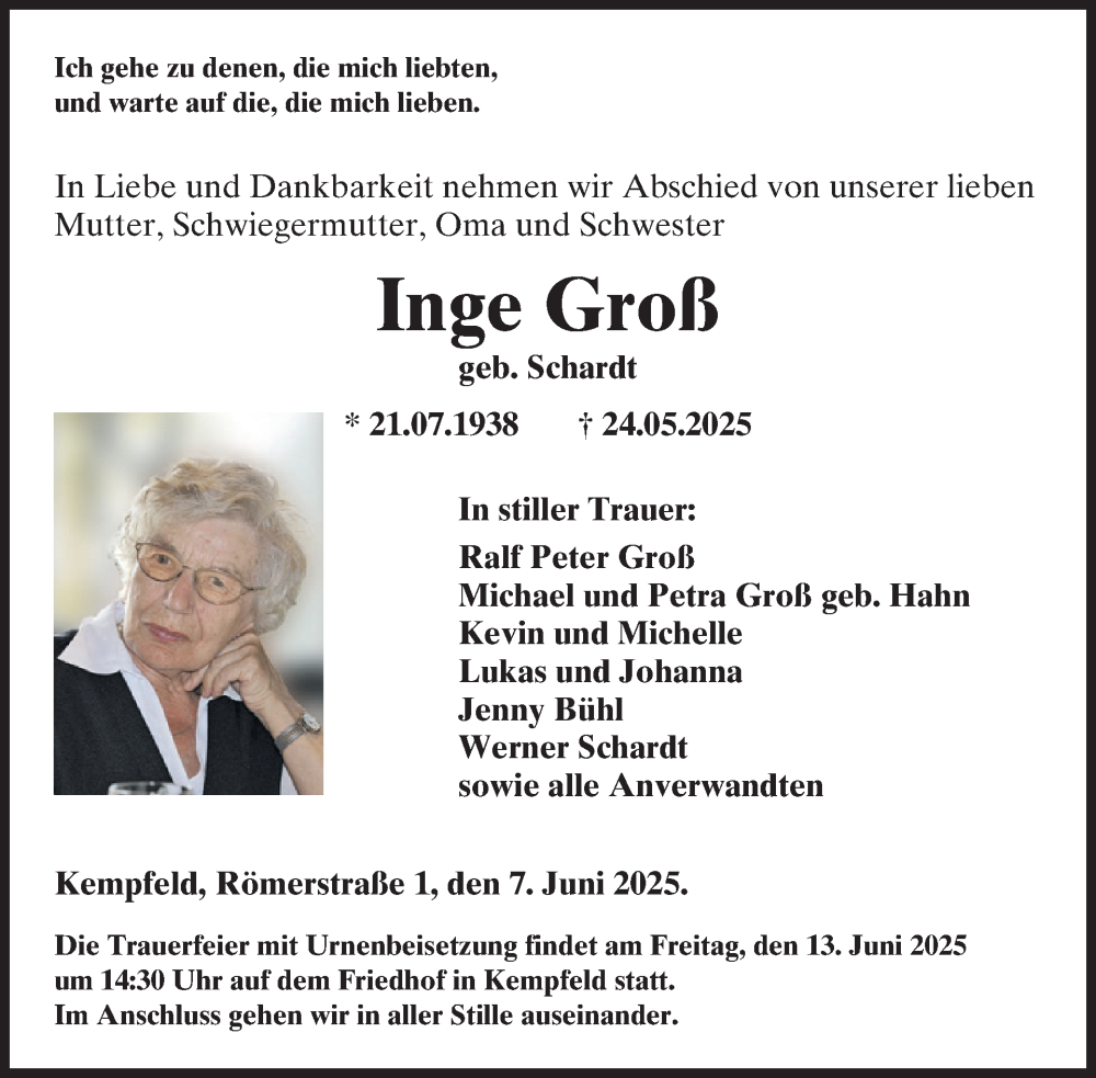  Traueranzeige für Inge Groß vom 07.06.2025 aus WochenSpiegel