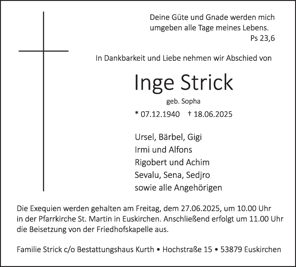  Traueranzeige für Inge Strick vom 25.06.2025 aus WochenSpiegel