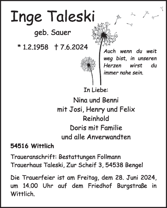 Traueranzeige von Inge Taleski von WochenSpiegel