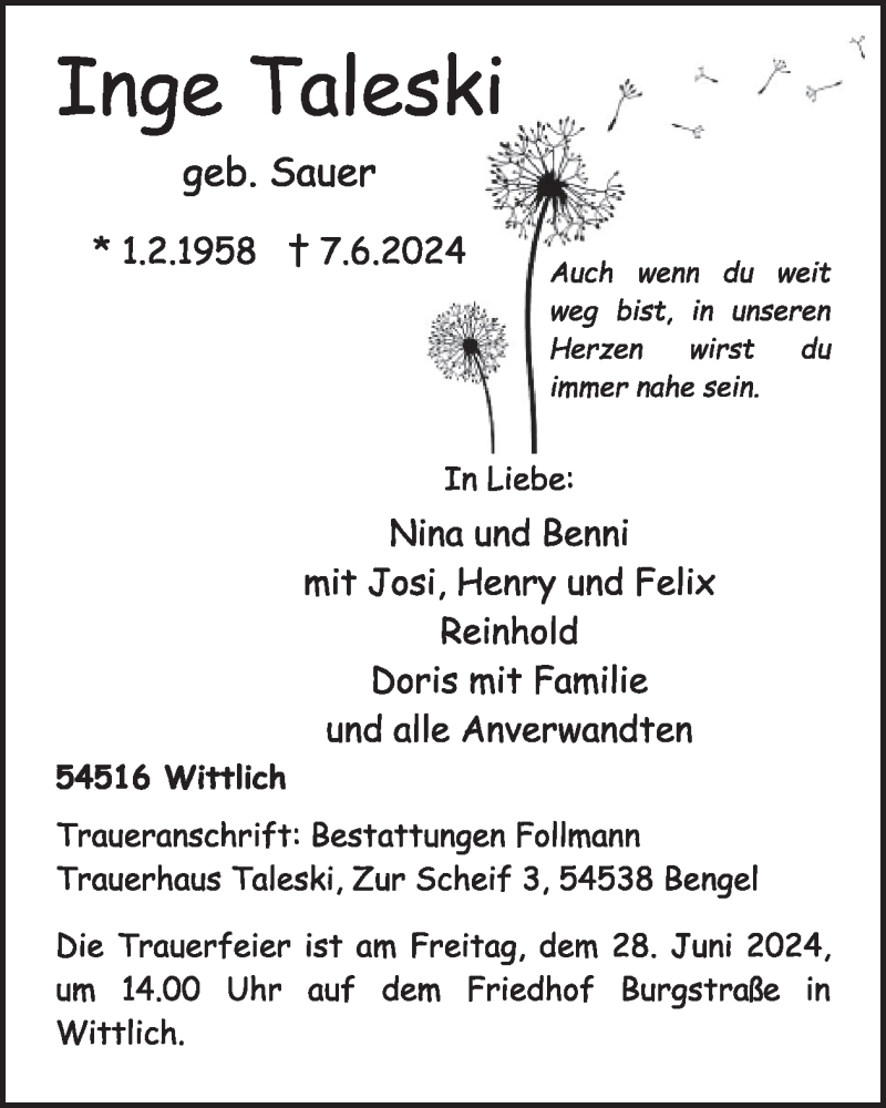  Traueranzeige für Inge Taleski vom 21.06.2024 aus WochenSpiegel