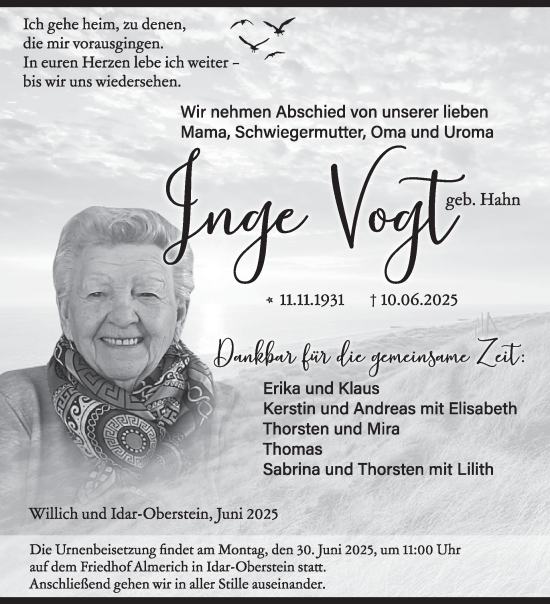 Traueranzeige von Inge Vogt von WochenSpiegel
