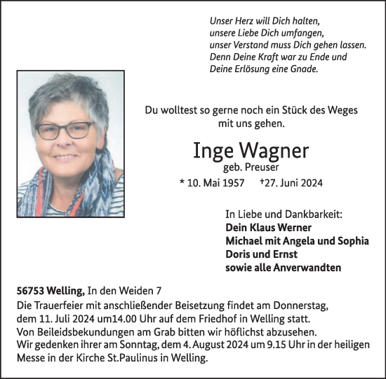 Traueranzeige von Inge Wagner von WochenSpiegel
