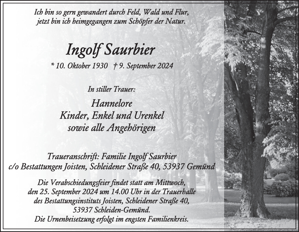  Traueranzeige für Ingolf Saurbier vom 18.09.2024 aus WochenSpiegel