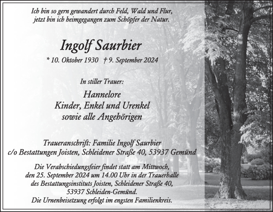 Traueranzeige von Ingolf Saurbier von WochenSpiegel