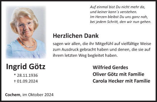 Traueranzeige von Ingrid Götz von WochenSpiegel