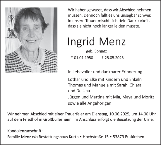Traueranzeige von Ingrid Menz von WochenSpiegel
