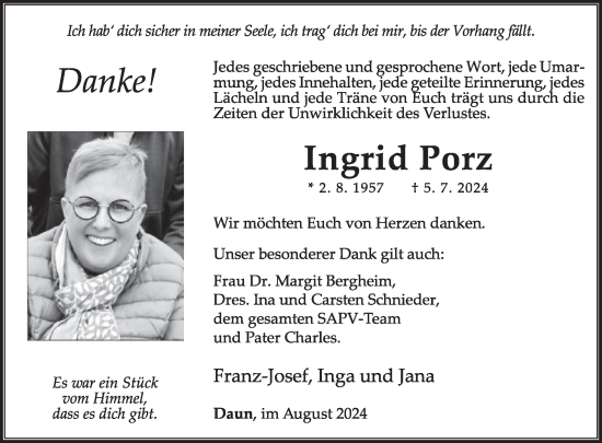Traueranzeige von Ingrid Porz von WochenSpiegel