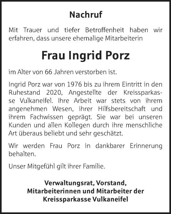 Traueranzeige von Ingrid Porz von WochenSpiegel