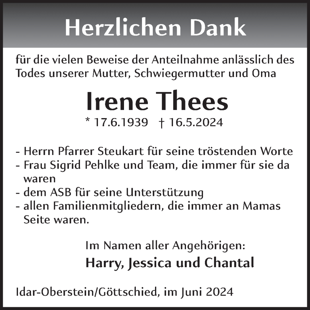  Traueranzeige für Irene Thees vom 15.06.2024 aus WochenSpiegel