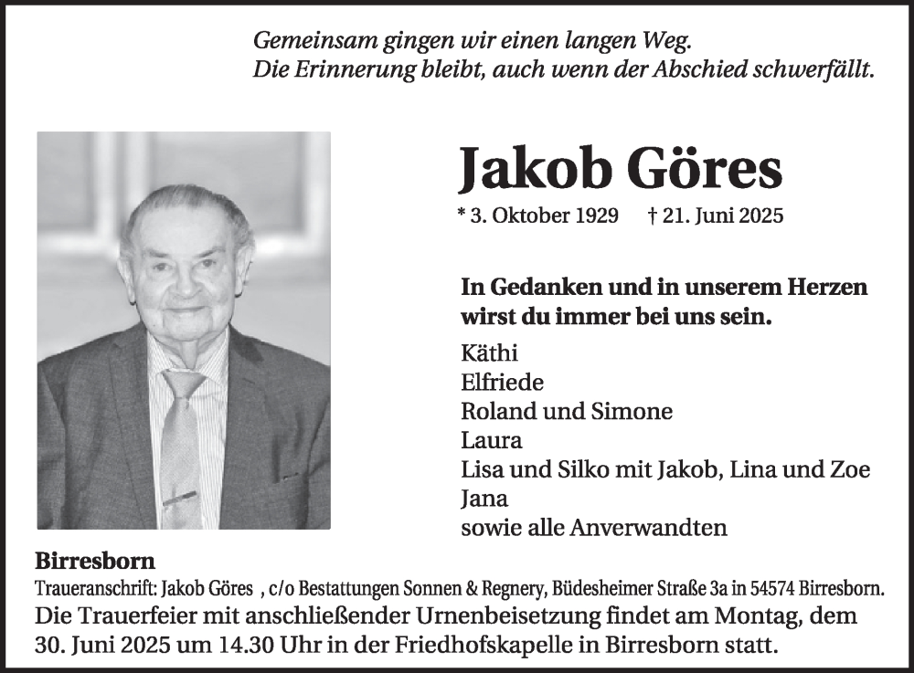  Traueranzeige für Jakob Göres vom 28.06.2025 aus WochenSpiegel