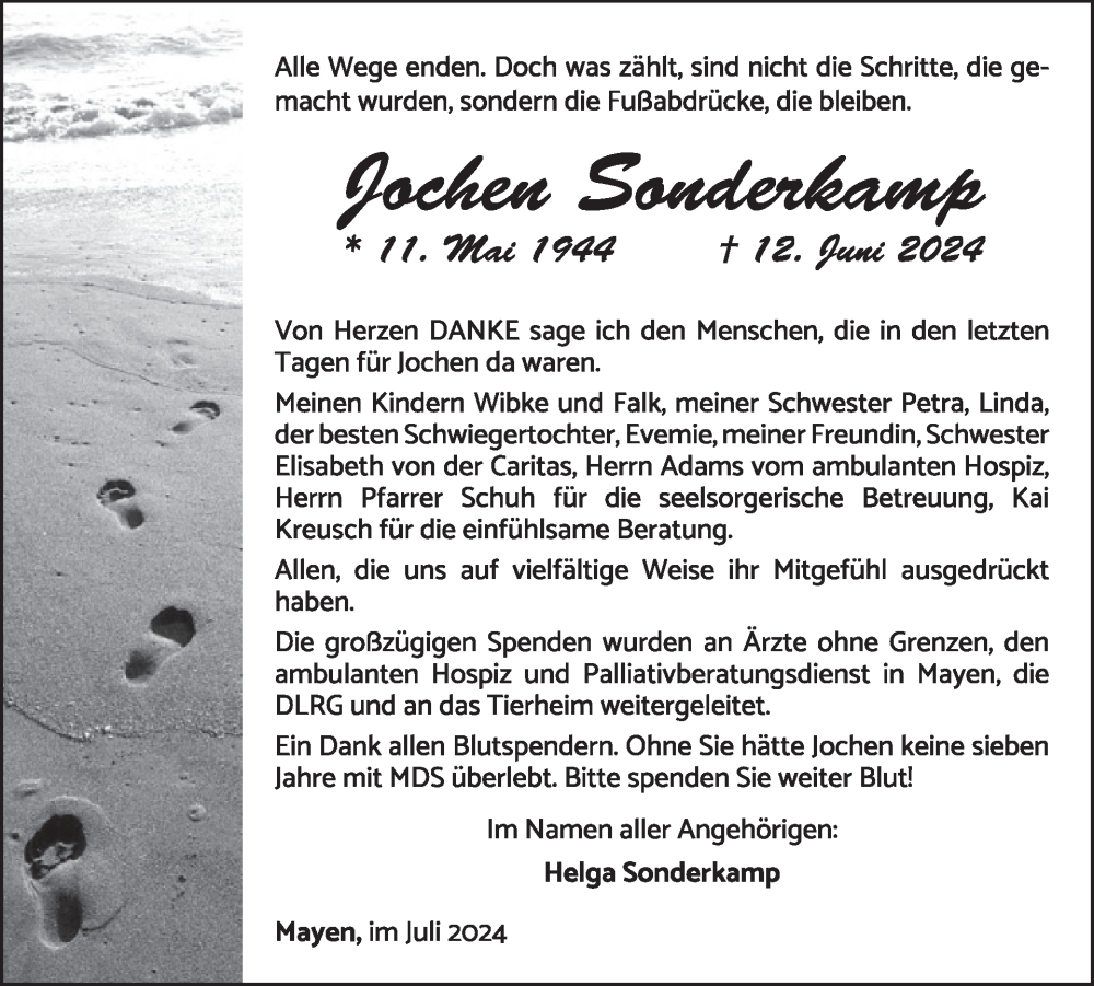  Traueranzeige für Jochen Sonderkamp vom 24.07.2024 aus WochenSpiegel