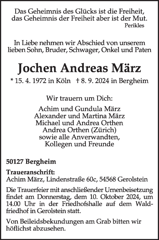  Traueranzeige für Jochen Andreas März vom 05.10.2024 aus WochenSpiegel
