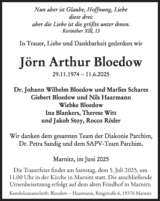 Traueranzeige von Jörn Arthur Bloedow von WochenSpiegel