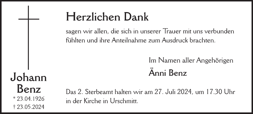  Traueranzeige für Johann Benz vom 19.06.2024 aus WochenSpiegel