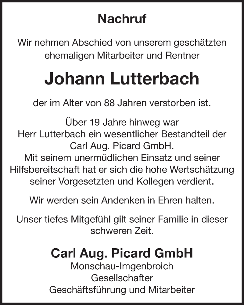  Traueranzeige für Johann Lutterbach vom 07.08.2024 aus WochenSpiegel