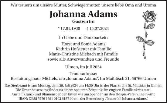 Traueranzeige von Johanna Adams von WochenSpiegel