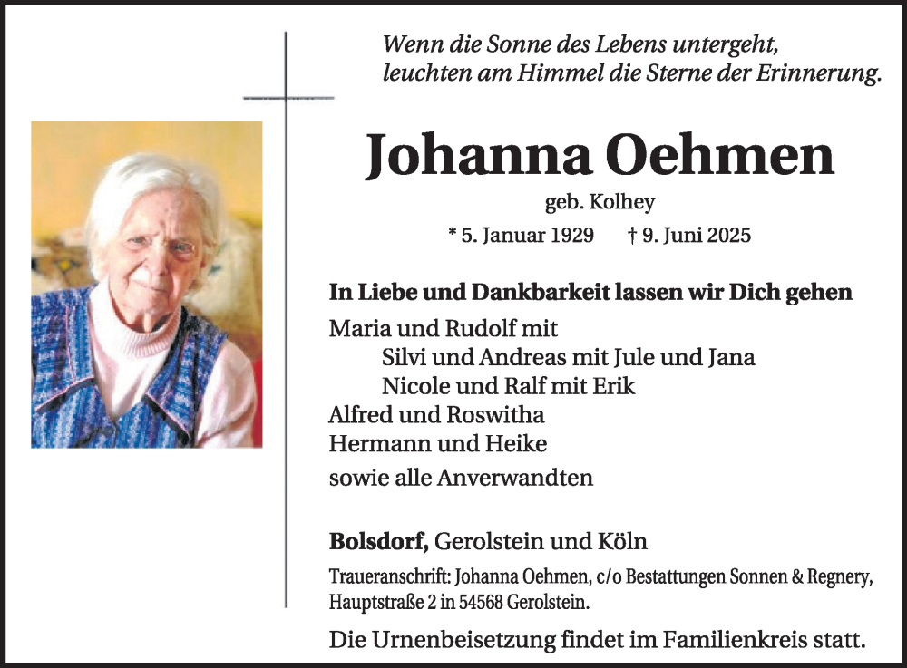  Traueranzeige für Johanna Oehmen vom 21.06.2025 aus WochenSpiegel