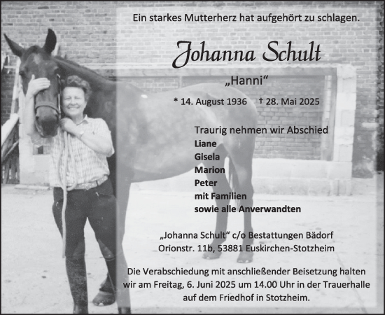 Traueranzeige von Johanna Schult von WochenSpiegel