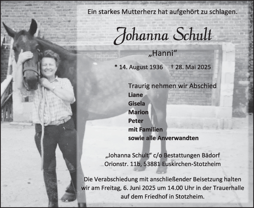  Traueranzeige für Johanna Schult vom 04.06.2025 aus WochenSpiegel