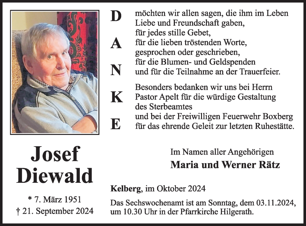  Traueranzeige für Josef Diewald vom 26.10.2024 aus WochenSpiegel