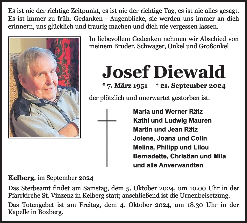  Traueranzeige für Josef Diewald vom 28.09.2024 aus WochenSpiegel