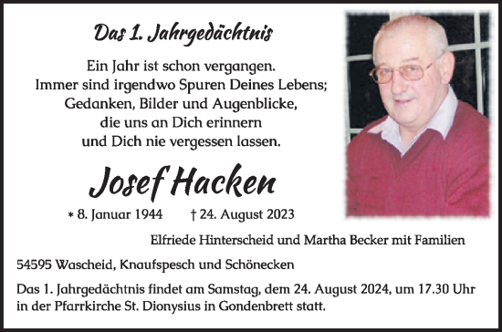 Traueranzeige von Josef Hacken von WochenSpiegel