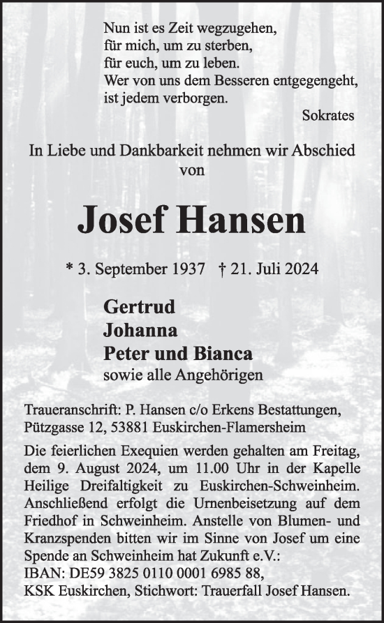 Traueranzeige von Josef Hansen von WochenSpiegel