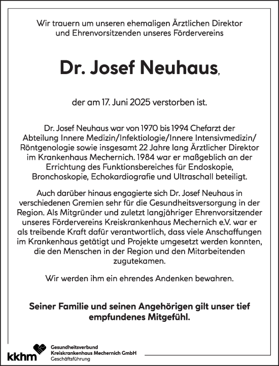 Traueranzeige von Josef Neuhaus von WochenSpiegel