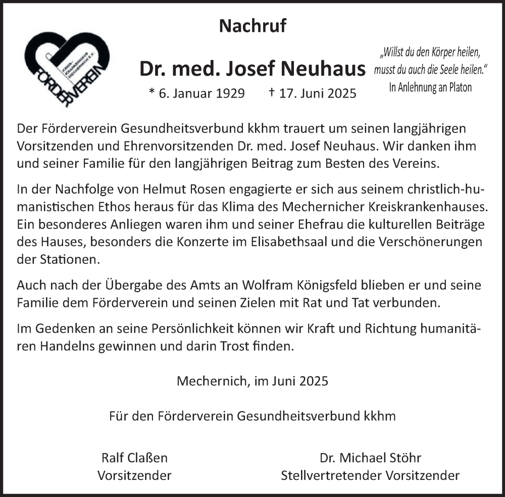  Traueranzeige für Josef Neuhaus vom 25.06.2025 aus WochenSpiegel