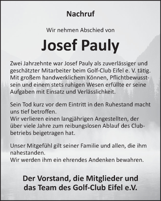 Traueranzeige von Josef Pauly von WochenSpiegel