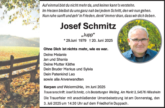 Traueranzeige von Josef Schmitz von WochenSpiegel