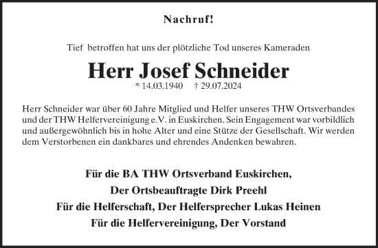 Traueranzeige von Josef Schneider von WochenSpiegel