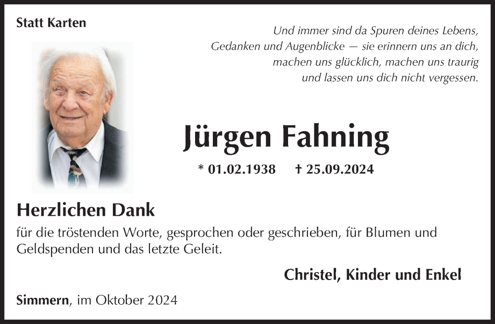  Traueranzeige für Jürgen Fahning vom 26.10.2024 aus WochenSpiegel