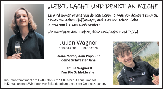 Traueranzeige von Julian Wagner von WochenSpiegel
