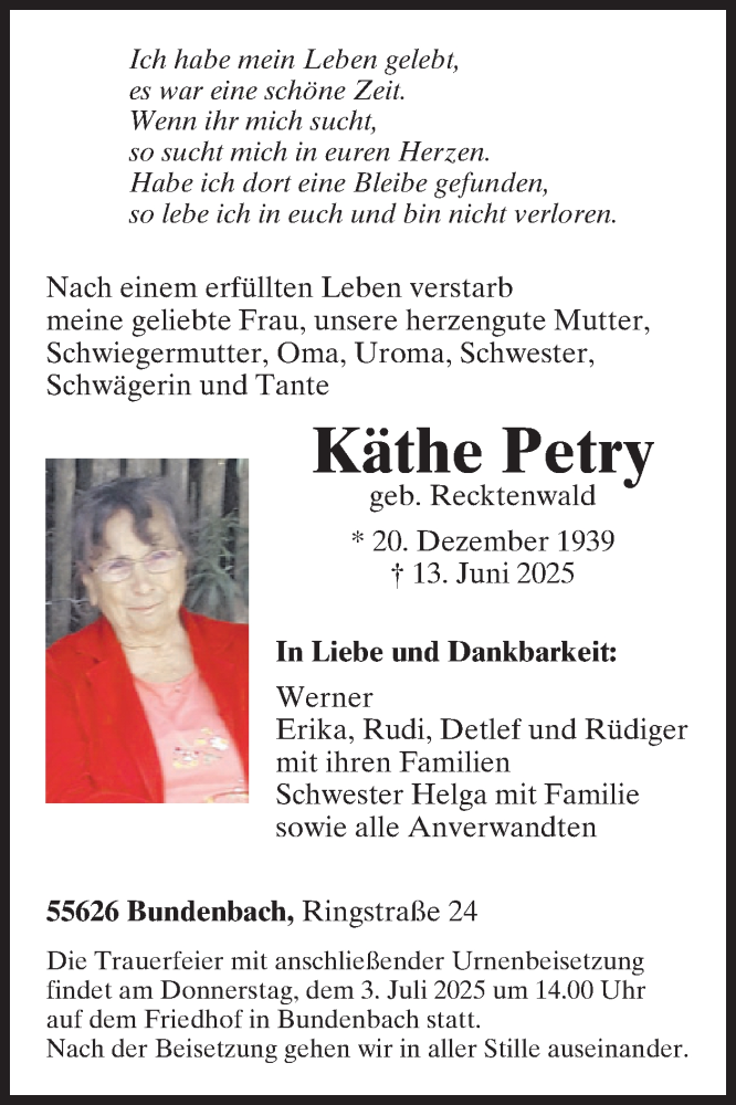  Traueranzeige für Käthe Petry vom 21.06.2025 aus WochenSpiegel