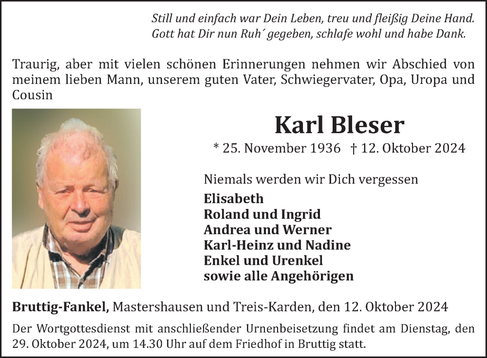  Traueranzeige für Karl Bleser vom 16.10.2024 aus WochenSpiegel